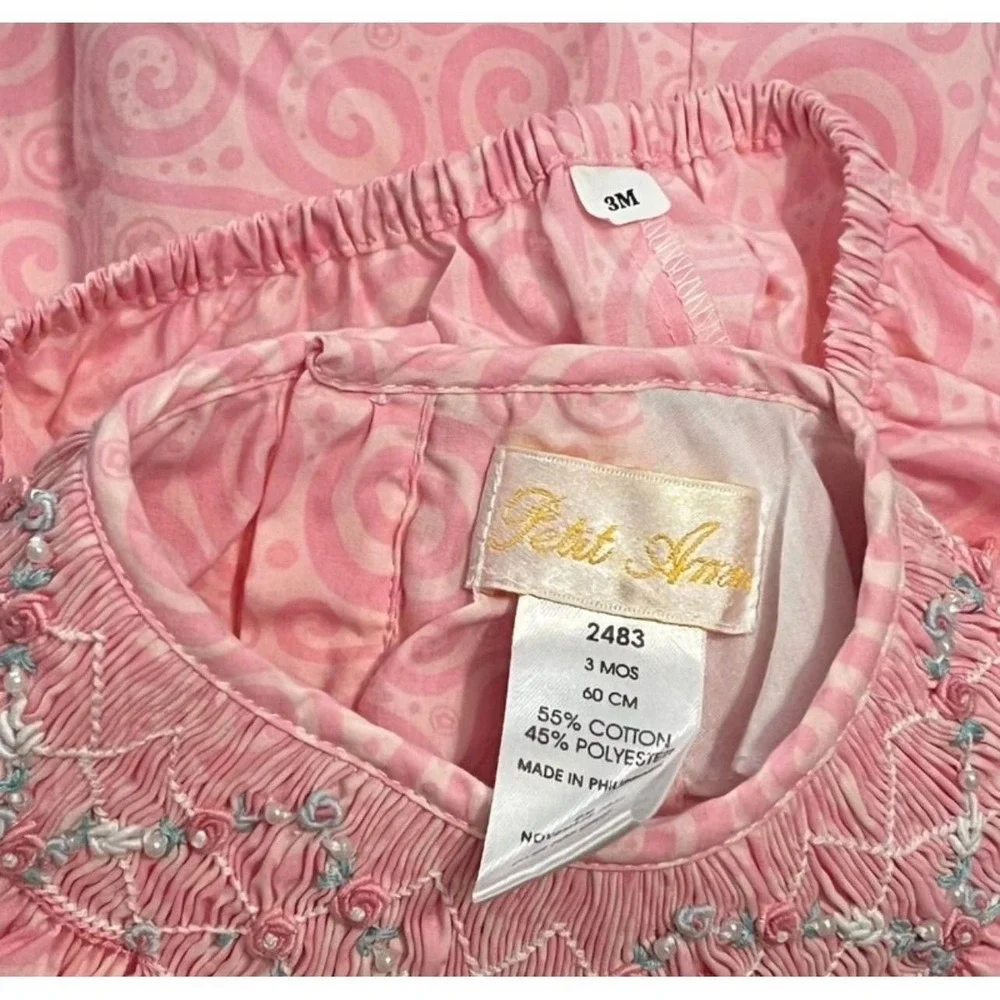 Petit Ami Baby 3 months smocked bishop dress set Pink Floral Dress Diaper Cover